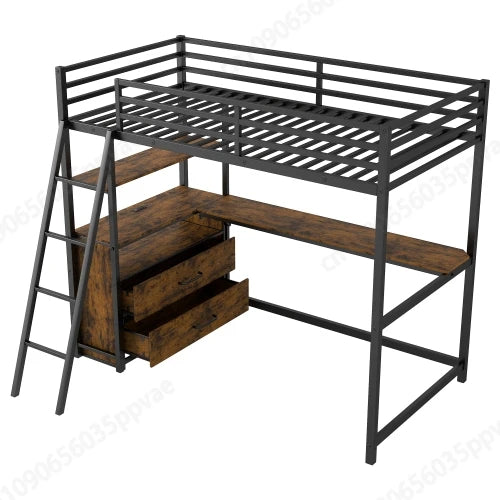 Twin Size Metal&Wood Loft Bed with Desk and Shelves, Two Built-in Drawers,  White ,Blak,Oak Natural Immediate delivery from US