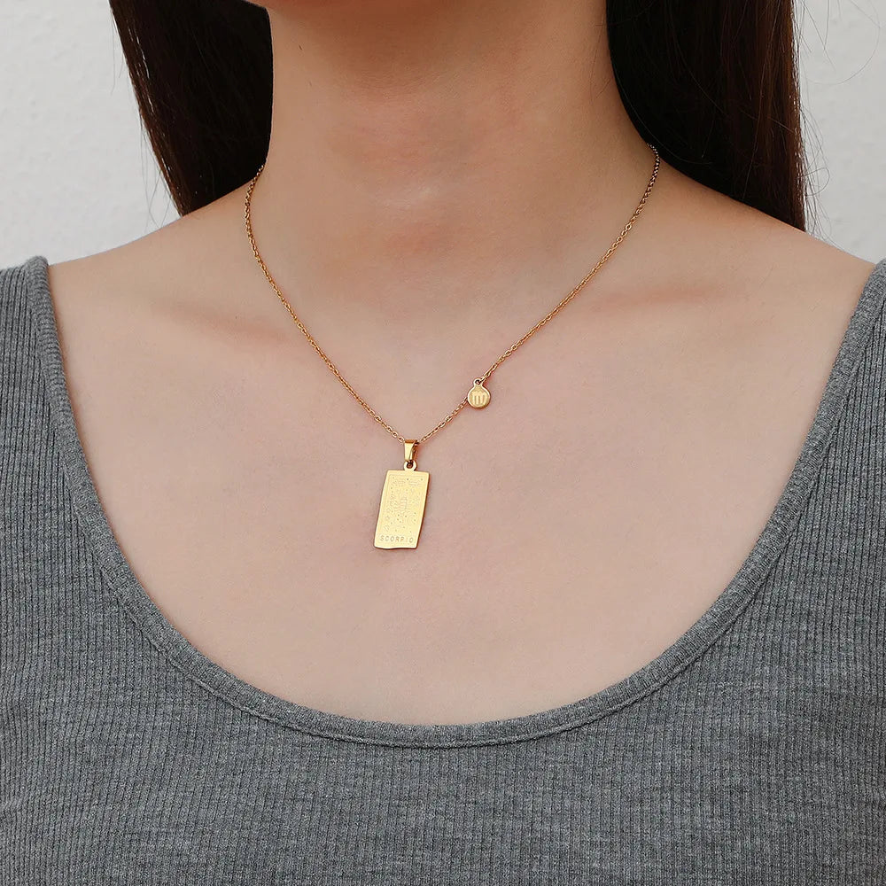 Stainless Steel Square Tarot Card Pendant Women Necklace Twelve Constellations Gold-Plated Clavicle Chain Horoscope Gifts