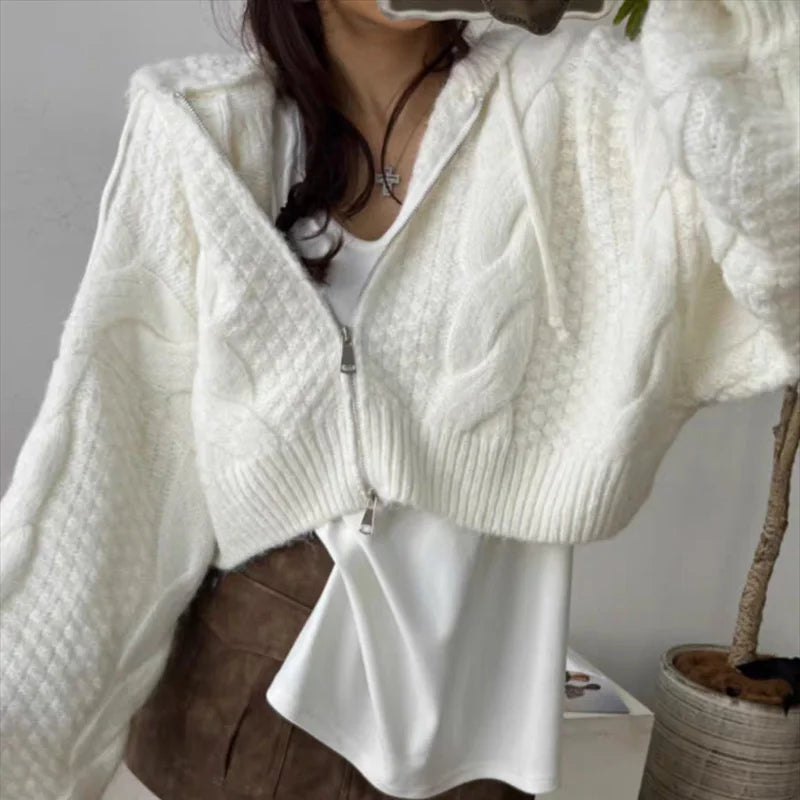 Fashion Hooded Zipper Cardigan Crop Sweater Women Long Sleeve Knitted Casual Short Coats Loose Simple Autumn Winter Clothes