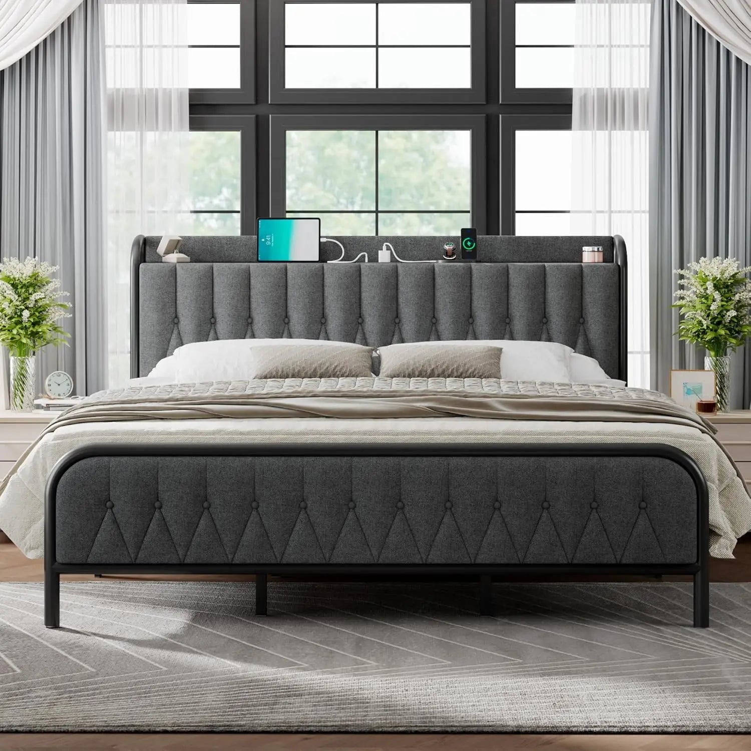 full-king Size Bed Frame with Fast Charging Station, 12" Underbed Storage Space, Easy Assembly, Noise-Free, Queen Bed Frame