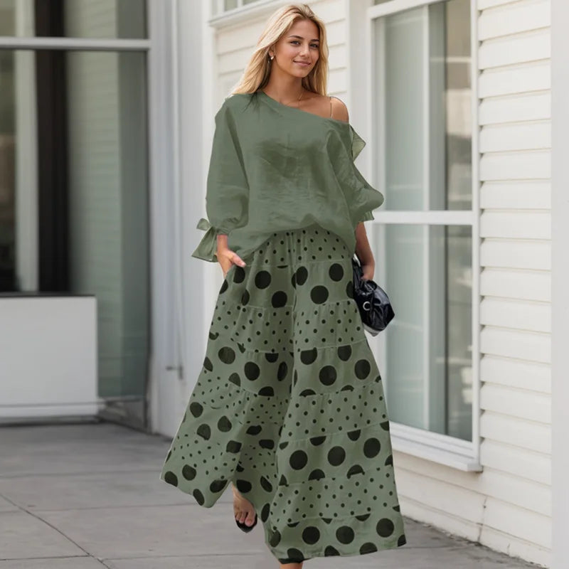 Casual Suit Set For Women Solid Color Nine-quarter Sleeve Slant Collar T-Shirt Women Two Piece Sets Loose Polka Dot Printed Suit