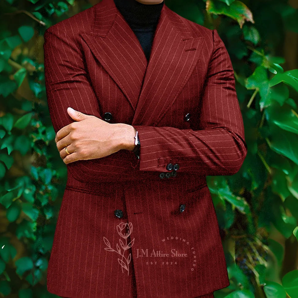 Men formal suit 2-piece set blue striped peak lapel double breasted jacket pants for wedding meeting dinner party custom tuxedo