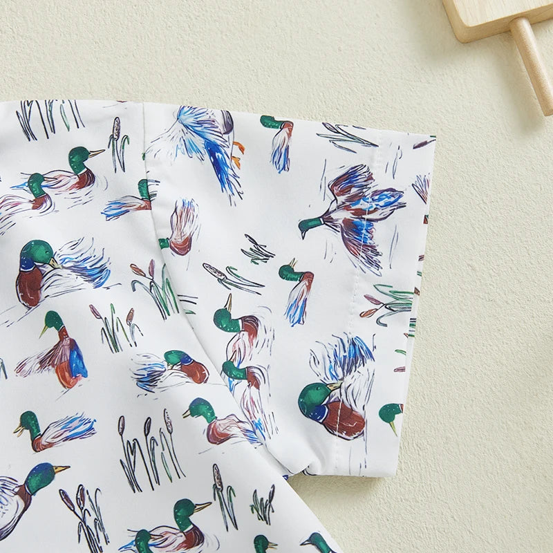 Baby Boy Casual Outfits Dinosaur Print Short Sleeve Collared Shirt with Denim Shorts 2Pcs Set for Summer Wear