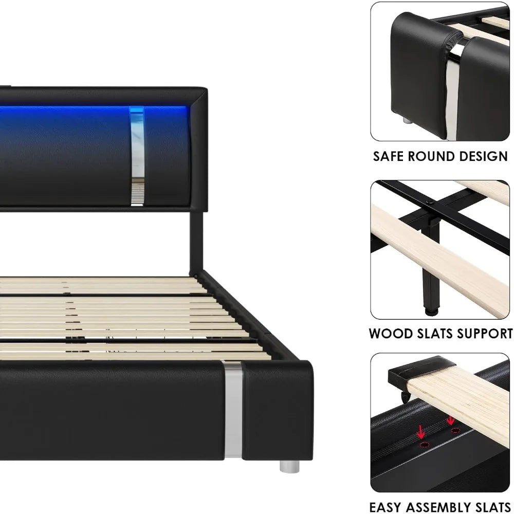 Keyluv Queen Bed Frame with RGB LED Lights Headboard & 2 Storage Drawers, Modern Upholstered Faux Leather Platform Bed with Iron