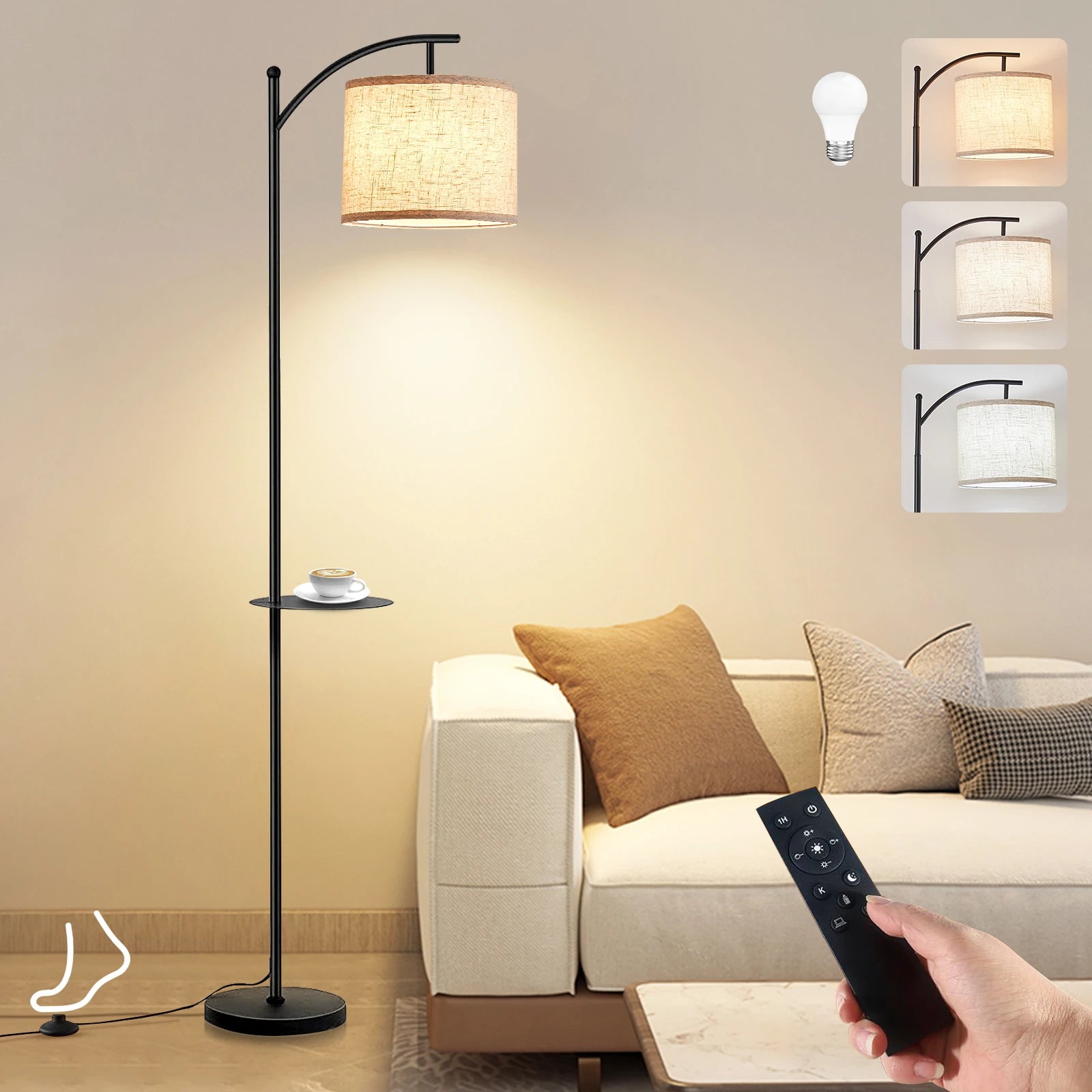 Floor Lamp With 3 Color Temperatures, Standing Lamp With Magnetic Remote Control For Bedroom, Living Room( 9W LED Bulb Included)