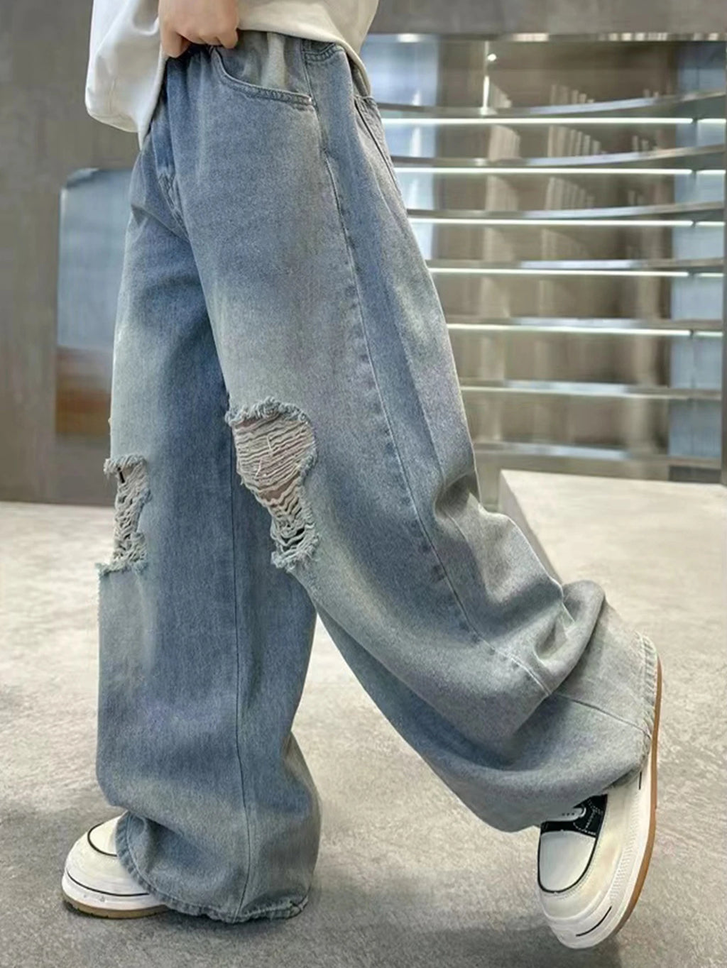 Teenage Versatile Retro Casual Preppy Wide Leg Straight Leg Long Loose Washed Denim Jeans