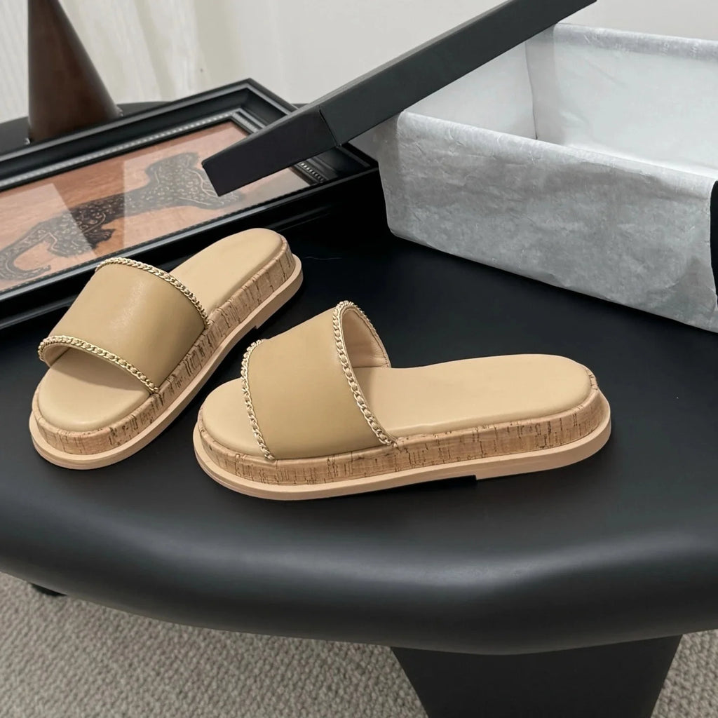 Shoes Women Size34-41 Genuine Leather Flip-Flops Low Heels Slippers Pearl Chain Summer Slides Designer Shoes Zapatillas De Mujer