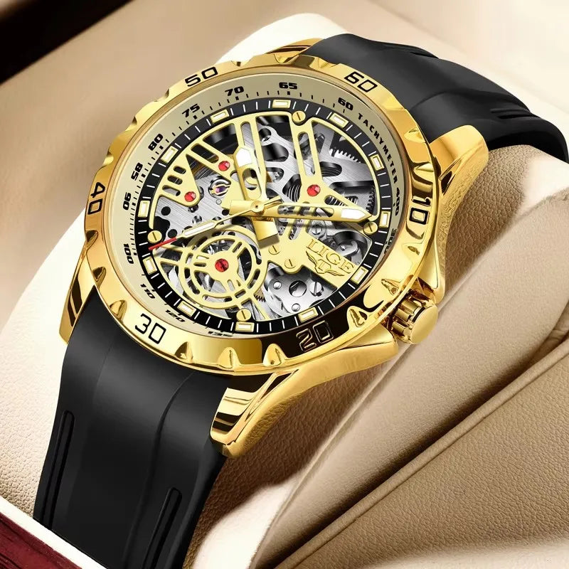 2025 New LIGE Top Brand Luxury Hollow Waterproof Tourbillon Mechanical Automatic Watch Men Silicone Skeleton Mens Watches + Box