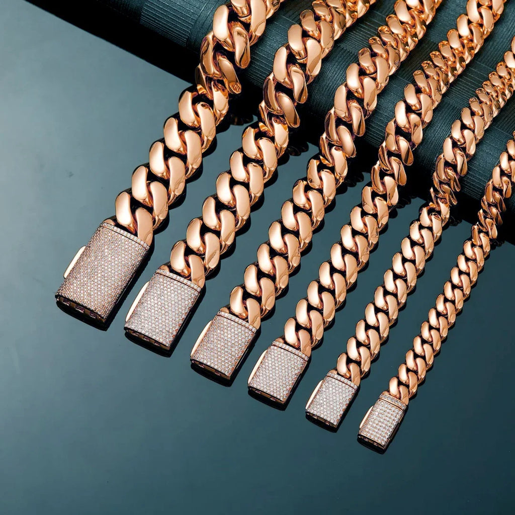 8-22mm Rose Gold  316L Stainless Steel  Cuban Miami Link Chain Iced Out CZ Box Clasp Necklace Fashion Hip Hop Unisex Jewelry
