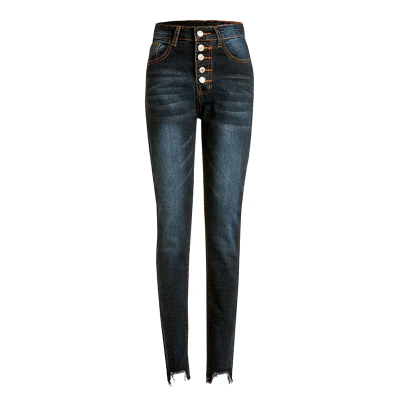 New Girls Stretchy Simming Button Jeans Lady High Waist Vintage Blue Pencil Pants Narrow Straight Leg Casual Streetwear Trousers