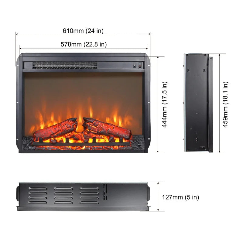 23" Electric Fireplace Insert  3D Infrared Heater with IR Remote  Glass View  Adjustable Realistic Logs & Flames  Indoor Use