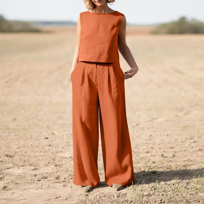 Women's Suit 2025 Women's Solid Color Retro Pants Suit Cotton and Linen Casual Long Sleeve Loose Cotton Suit 2 Piece Set