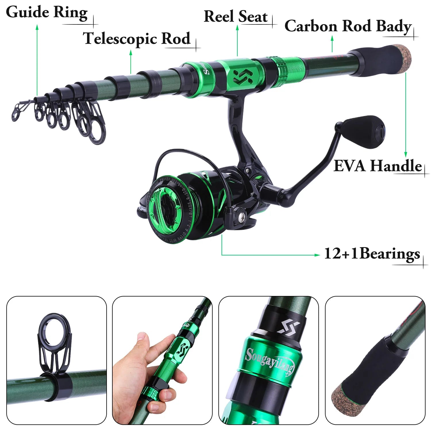 Sougayilang Fishing Rod Reel Combo 1.8-3.0m 24 Ton Carbon Fibre Telescopic Fishing Rod 1000-4000 12+1BB Spinning Reels Set Pesca