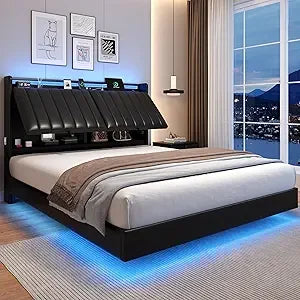 Full Size Floating Bed Frame with Ergonomic Hidden Storage Headboard and LED Lights, Visual Floating LED Bed Frame with Charing