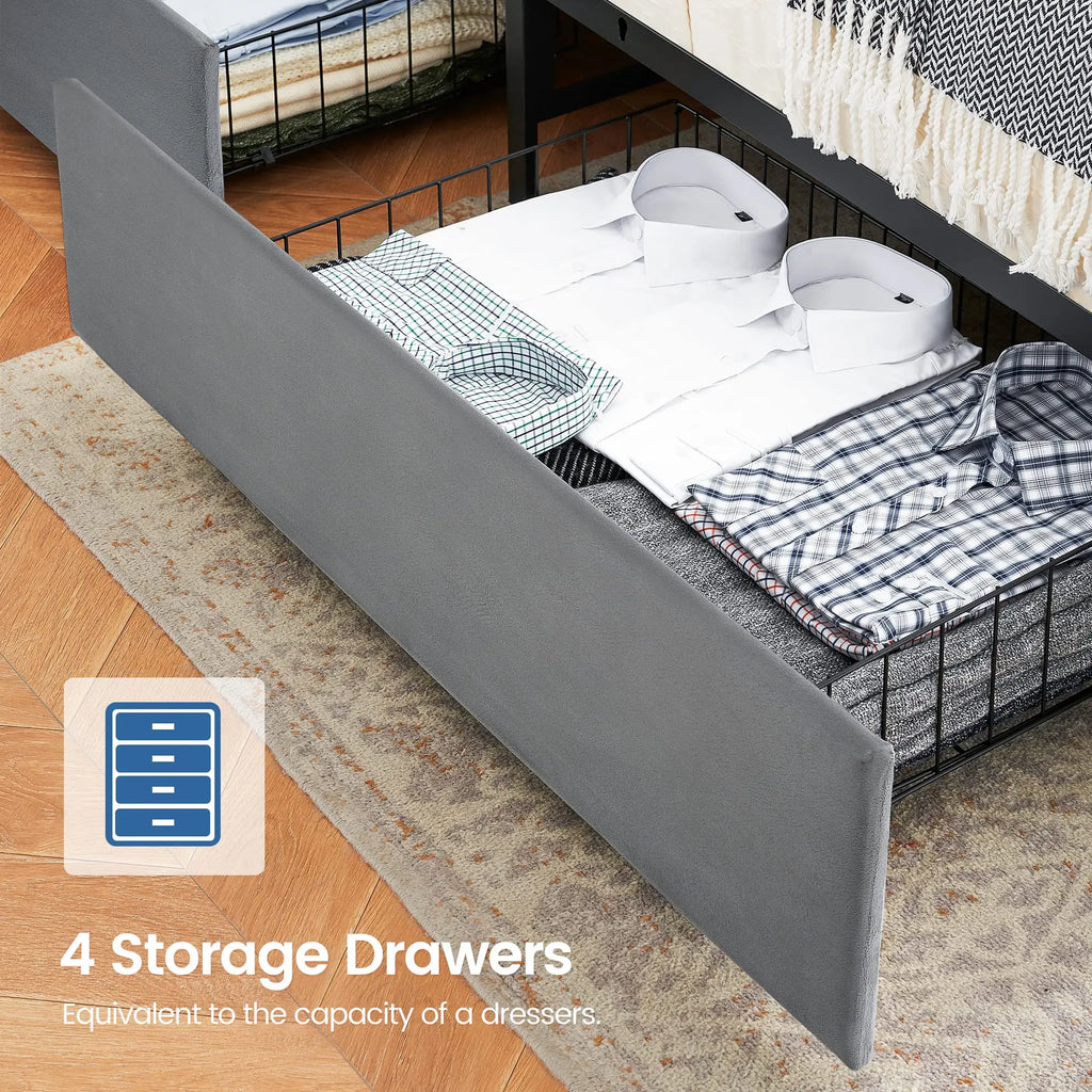 Upholstered Bed Frame with 4 Storage Drawers and Charging Station with Storage Headboard No Box Spring Needed Noise-Free