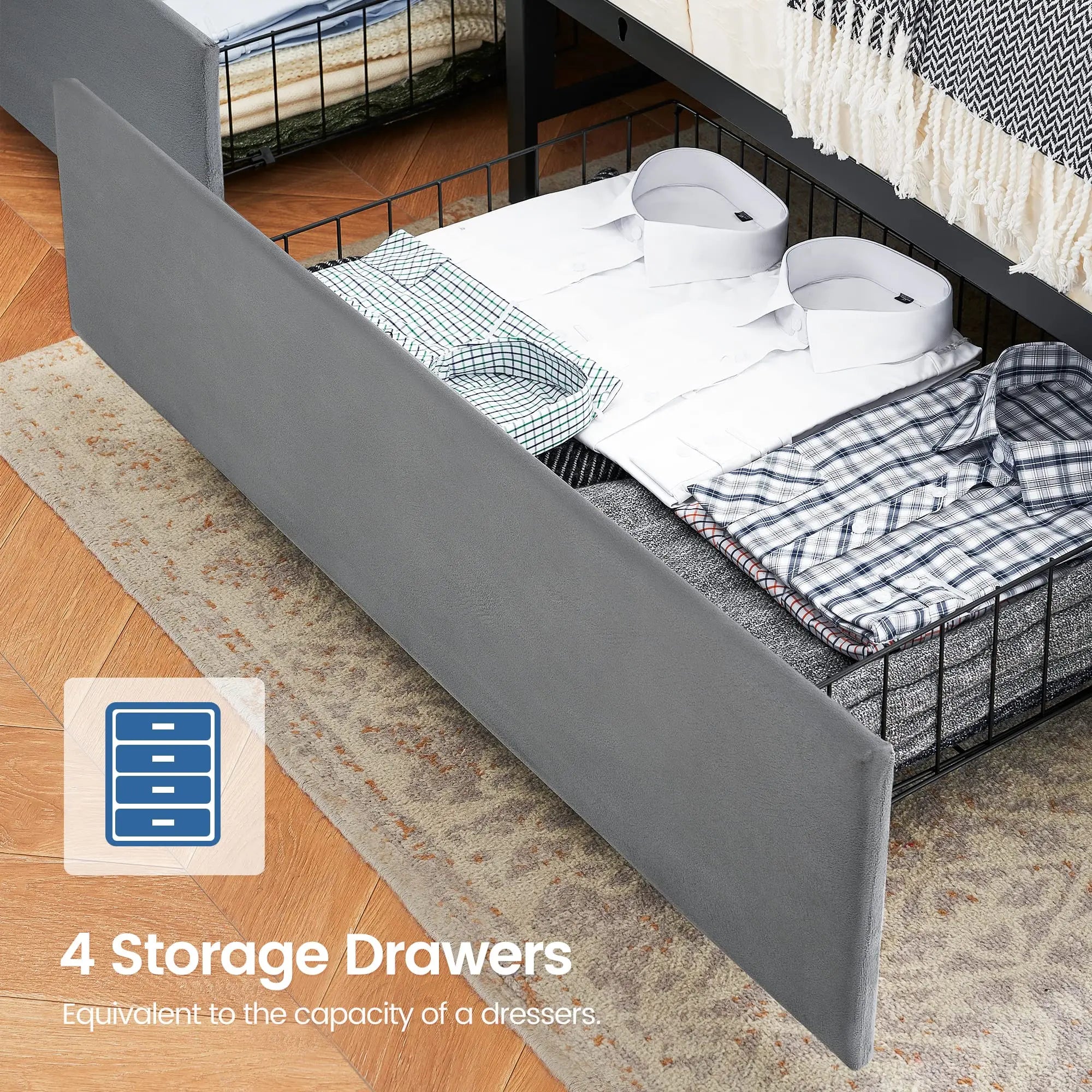 Upholstered Bed Frame with 4 Storage Drawers and Charging Station with Storage Headboard No Box Spring Needed Noise-Free