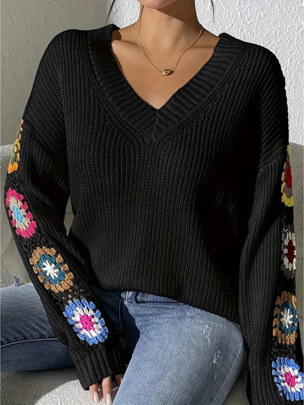 Elegant Solid Color Sweater With Embroidery Design, Unique Cuff Detail, Suitable For All Occasions