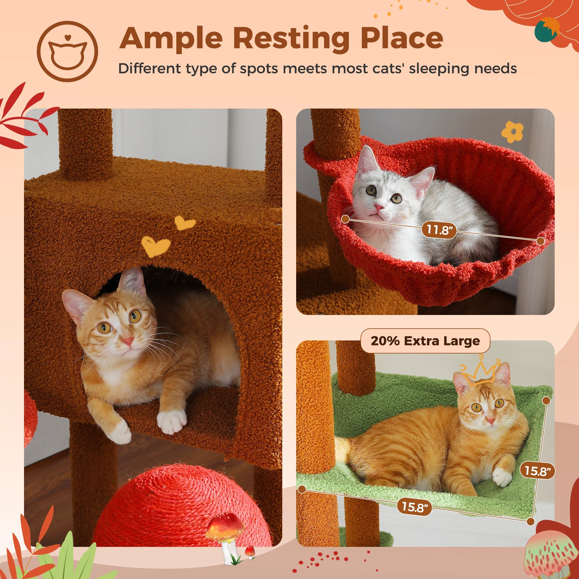 Adjustable 230-252cm Cat Tree, Floor to Ceiling Cat Condo, Hanging Ball,5 Scratching Posts,Hammock, Ample Resting Place for Cats