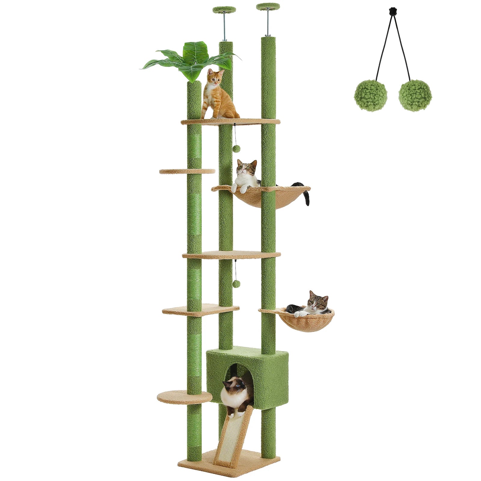 Adjustable 230-252cm Cat Tree, Floor to Ceiling Cat Condo, Hanging Ball,5 Scratching Posts,Hammock, Ample Resting Place for Cats