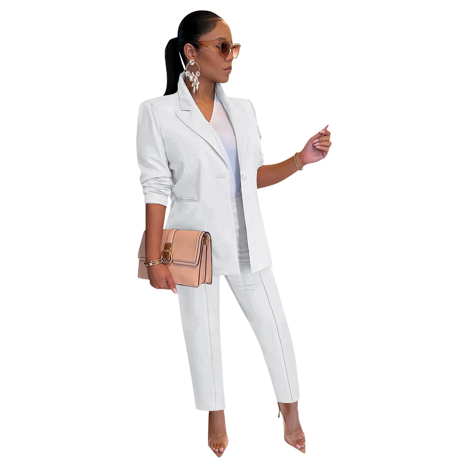 Women's Suit Blazer and Pants Casual Fashion Solid Long Sleeved Versatile Coat Tight Trousers Set Slim Fit Office 2 Piece Suit