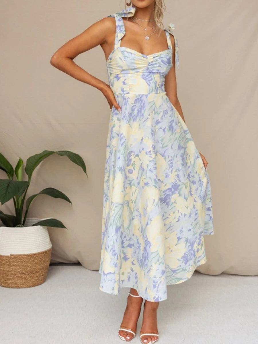 Women Sling Dress Sleeveless Low-cut Tie-up Flower Print Summer Long Dress for Cocktail Party