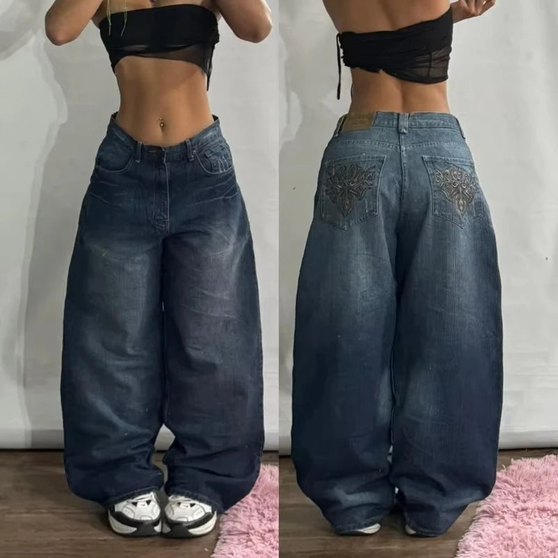 American Vntage Washing Make Old Rivets and Holes Jeans Women Y2K Street Straight Tube Baggy Slim Wide Legs and Long Pants Tide