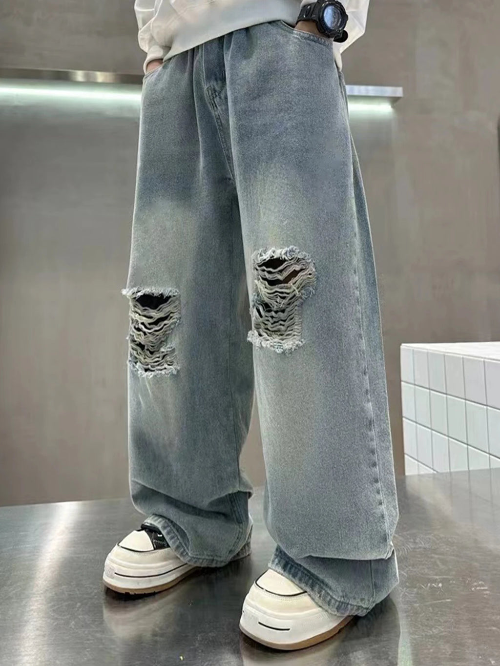 Teenage Versatile Retro Casual Preppy Wide Leg Straight Leg Long Loose Washed Denim Jeans