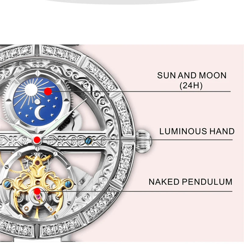 Ladies Watch Automatic Woman Luxury Fashion Waterproof Watch for Women Watches Skeleton Tourbillon Mechanical Clock Relogio New