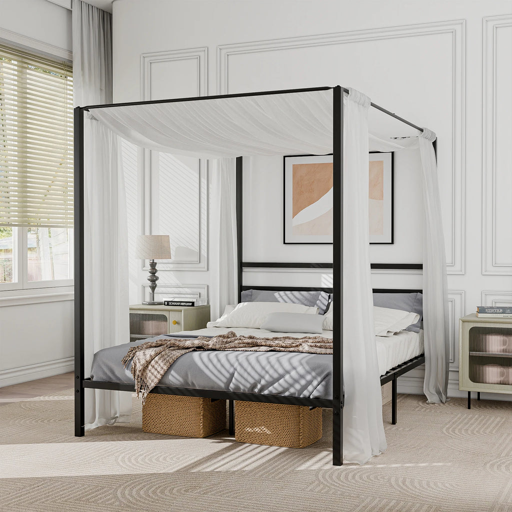 Queen Size Canopy Bed Frame with Headboard Bed Metal Slat No Box Spring Needed