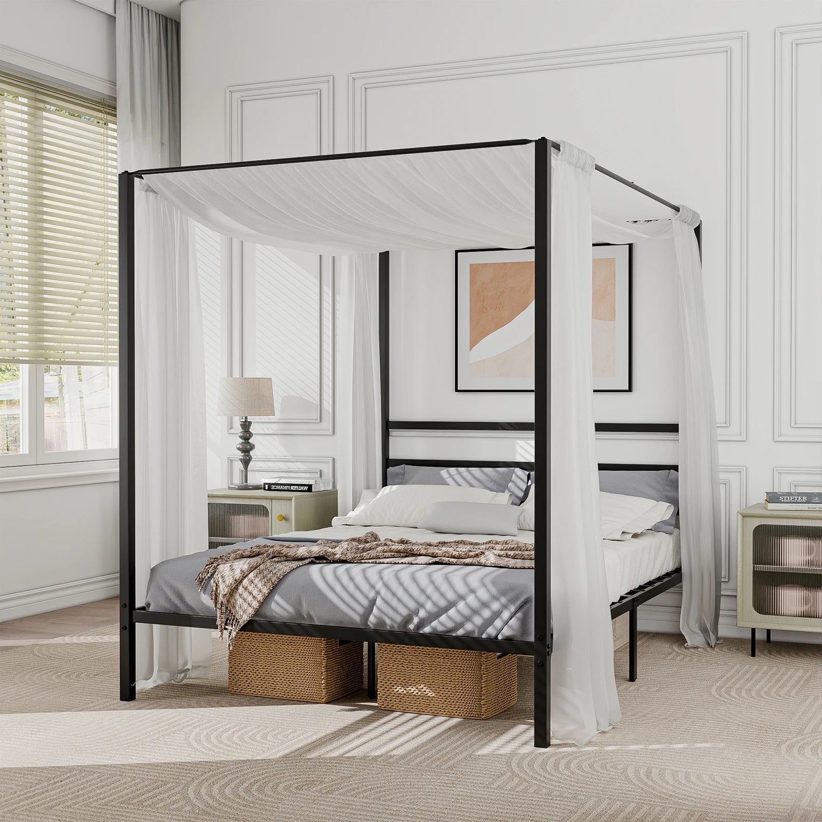 Queen Size Canopy Bed Frame with Headboard Bed Metal Slat No Box Spring Needed