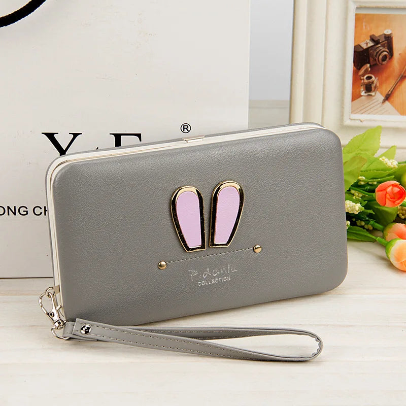 Cartoon Rabbit Ears Women's Cell Phone Box Wallet Credit Card Holder Purse with Wristlet Handbag