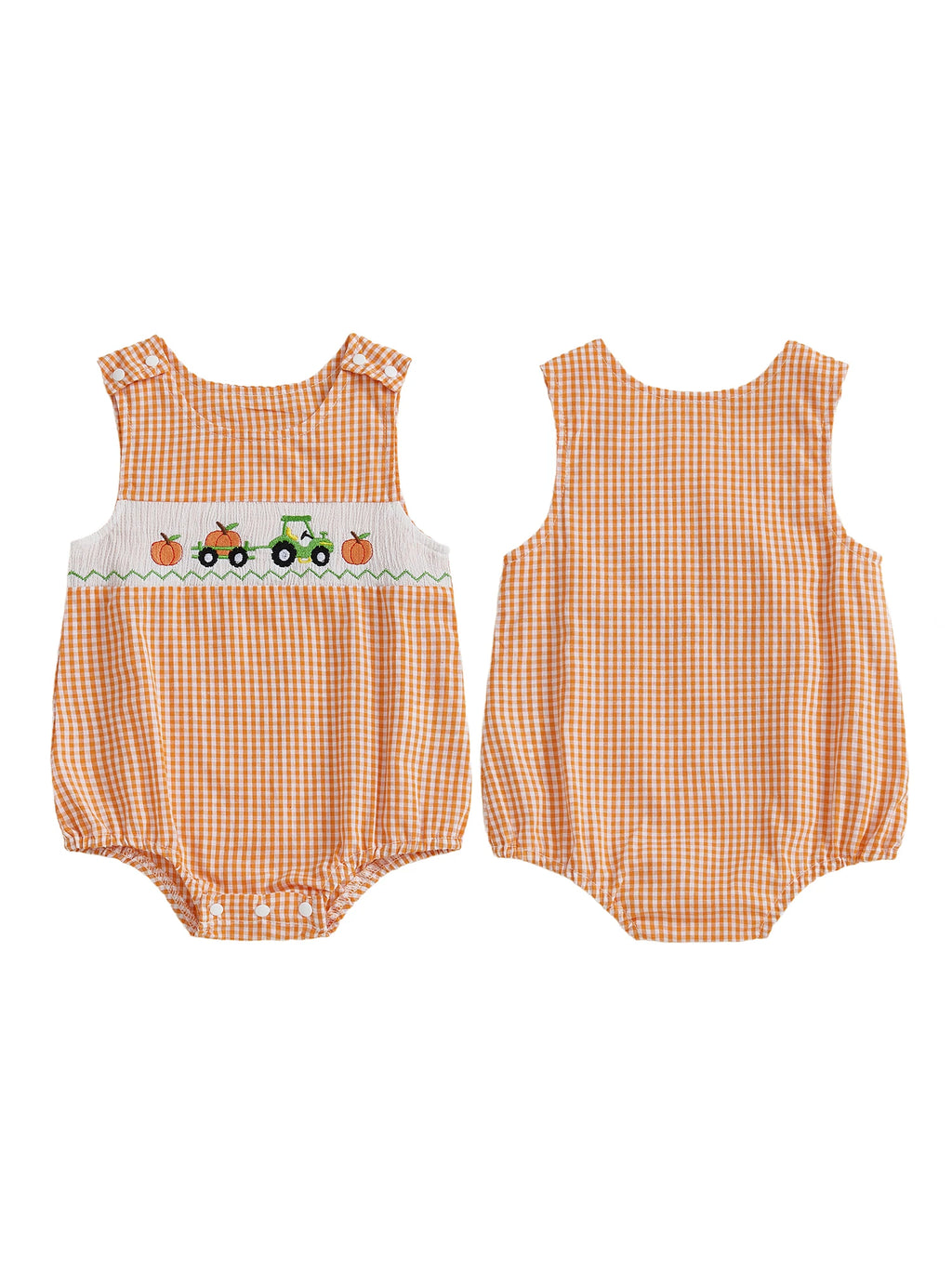 Toddler Boy Autumn Plaid Overall Thanksgiving Turkey and Cornucopia Embroidery Crew Neck Sleeveless Rompers