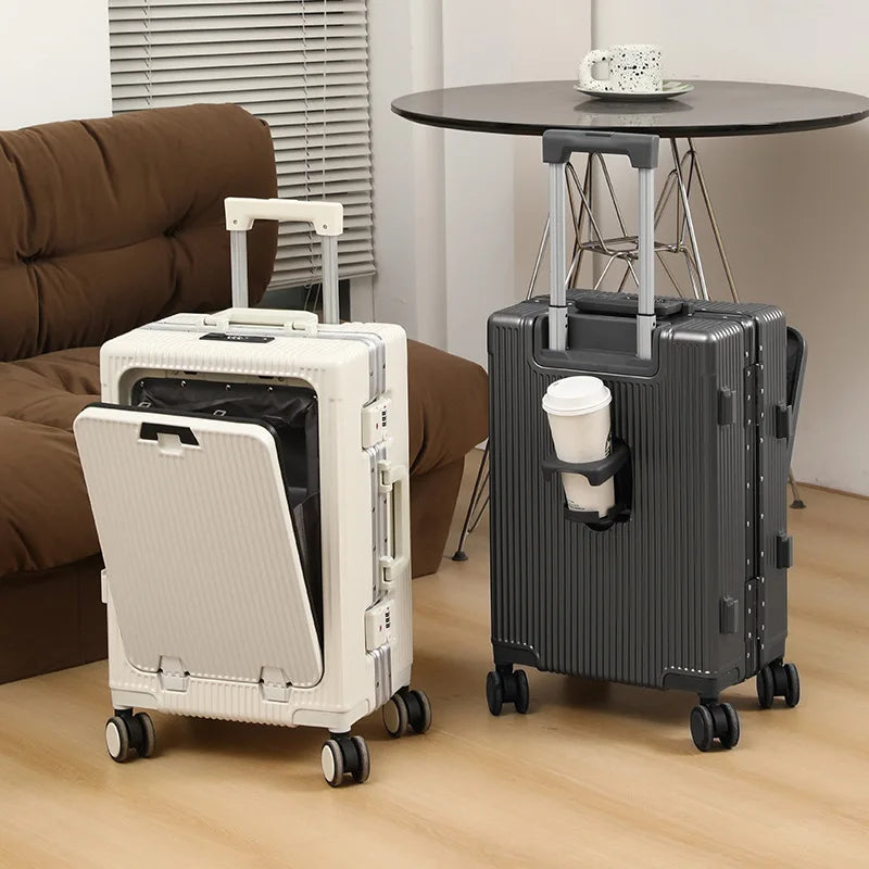 Aluminum Alloy Frame Suitcase Front Opening Pocket with USB Charging Plug Rolling Luggage Trolley Case Bag with Spinner Wheel