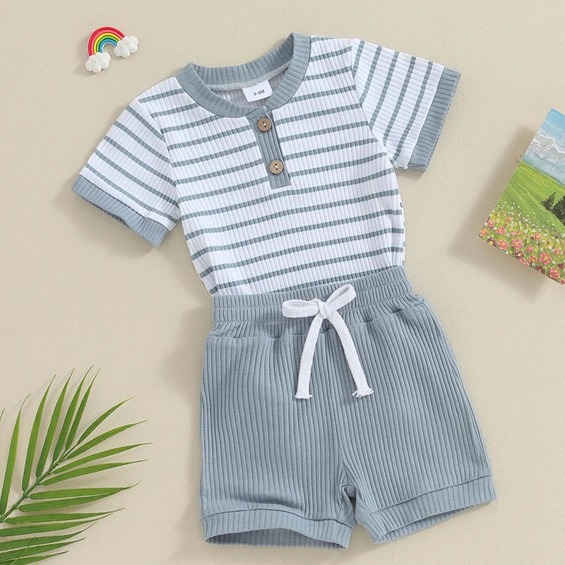 Baby 2 Piece Outfits Summer Striped Short Sleeve Romper and Elastic Shorts Set for Toddler Newborn Girl Boy