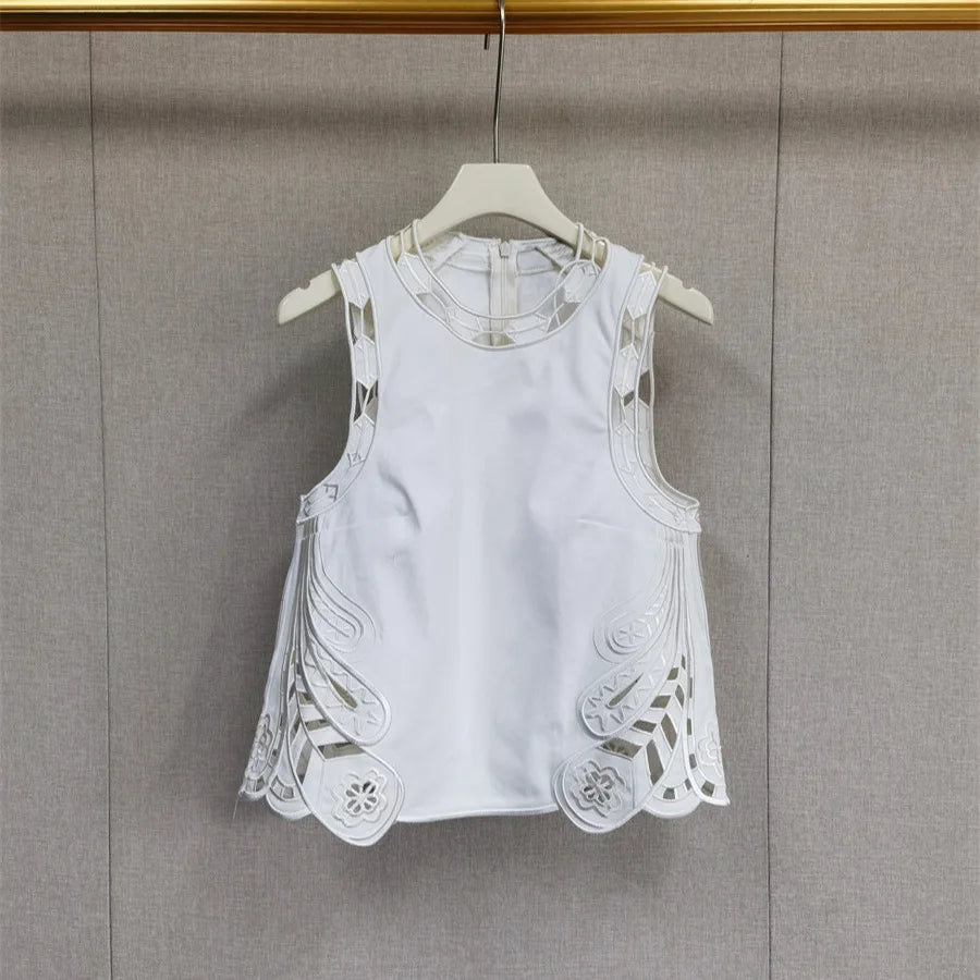 Women's elegant two-piece suit vintage hollow embroidered vest or slim trousers