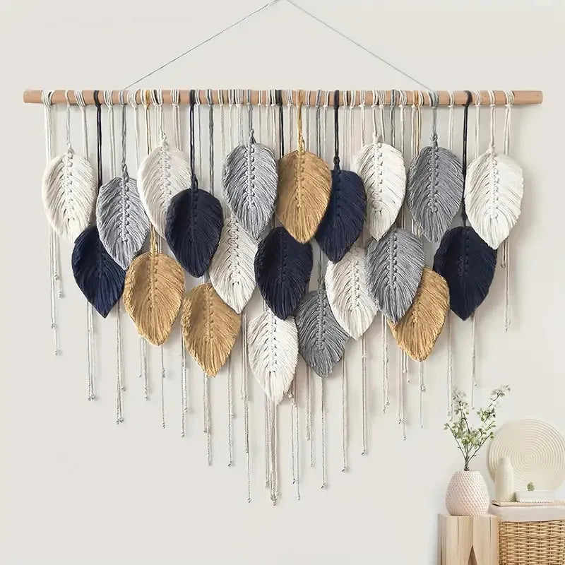 Boho Home Decoration, Macrame Tapestry Macrame Leaf Feather Wall Hanging Decor for Living Room Bedroom, Boho Wall Art Home Decor
