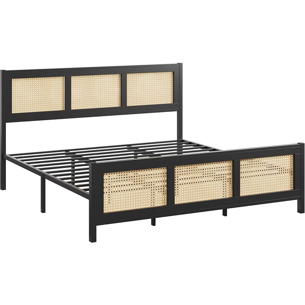 Living Room Bed Frame with Headboard, White Boho Cane Platform Bed Frame with Strong Metal Slat Noise Free No Box Spring Needed