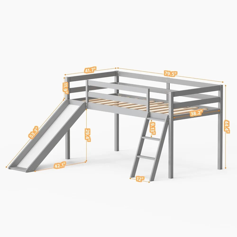 low loft bed with slide, wood twin loft bed frame with climbing ladder & storage space for kids toddler (grey)