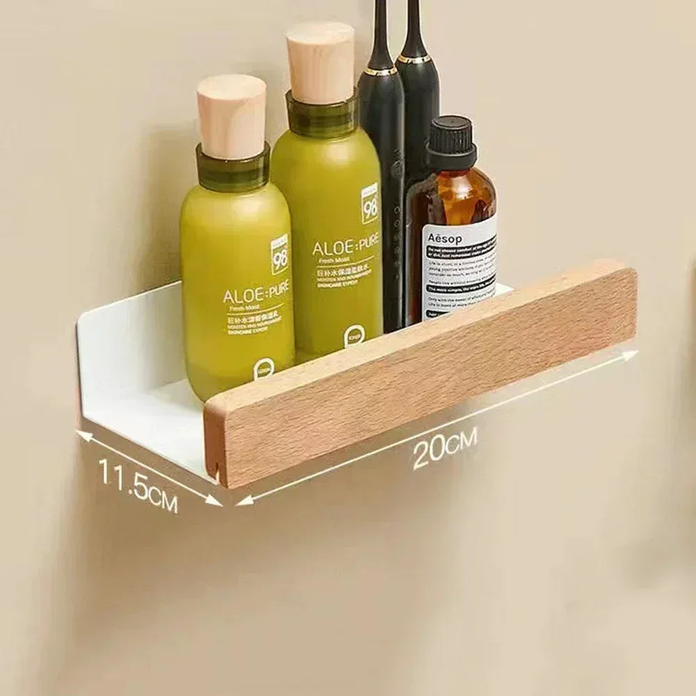 Bathroom Wood Shelf Holder Bath Shower Corner Rack Wall Mounted No Drill Shelves Organizer Kitchen Bathroom Storage Accessories