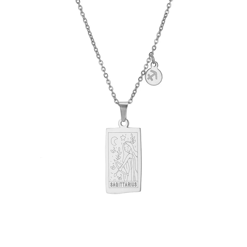 Stainless Steel Square Tarot Card Pendant Women Necklace Twelve Constellations Gold-Plated Clavicle Chain Horoscope Gifts