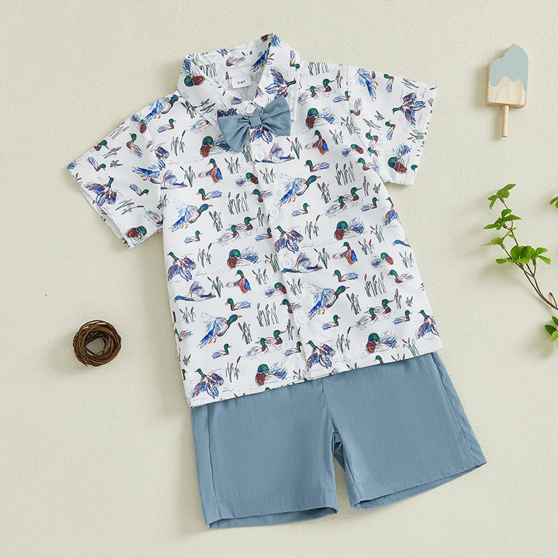 Baby Boy Casual Outfits Dinosaur Print Short Sleeve Collared Shirt with Denim Shorts 2Pcs Set for Summer Wear