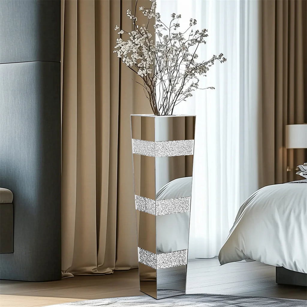 Modern Floor Flower Vase Decorative Crystal Silver Standing Mirrored Flower Vase Floral Arrangement Vase