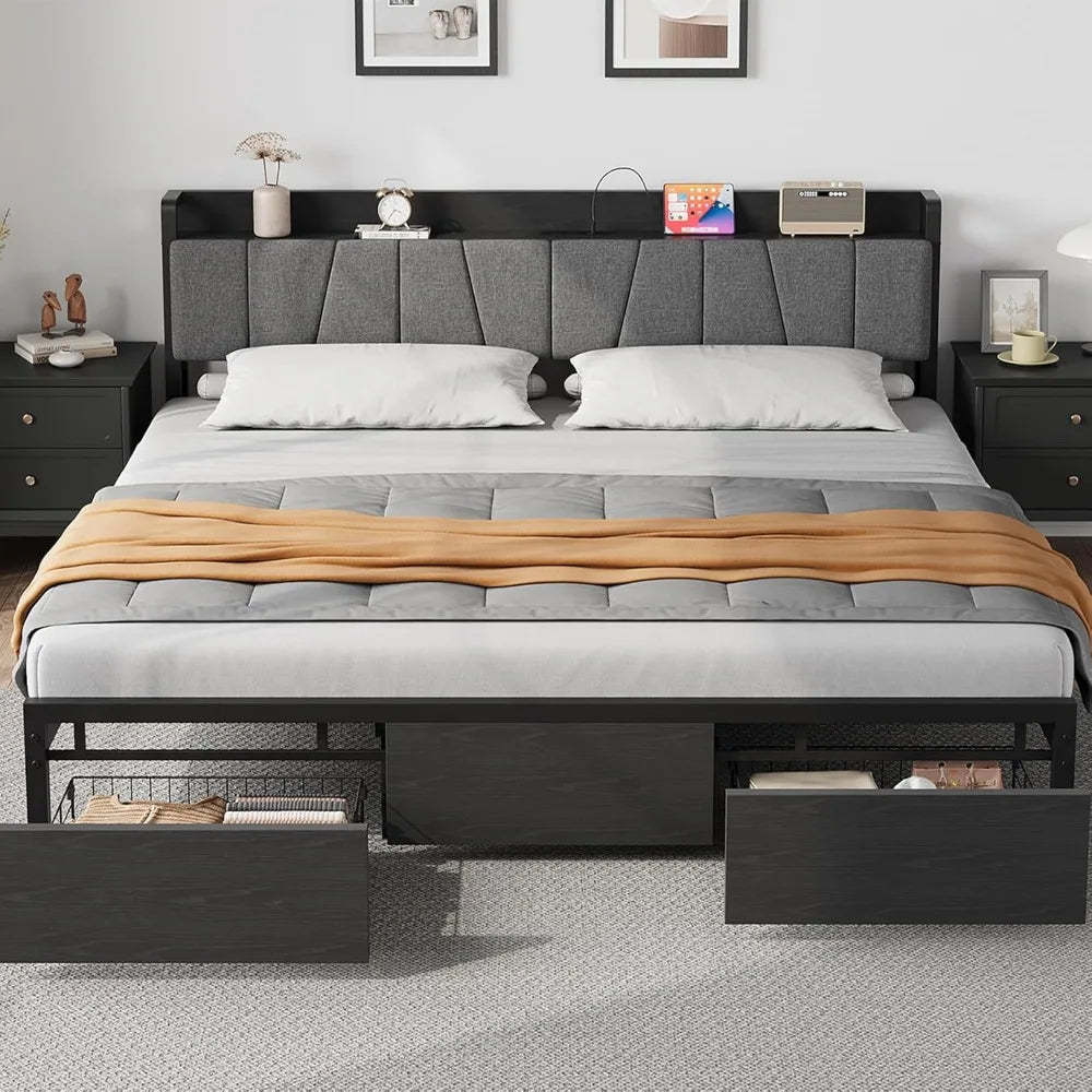 King Size Bed Frame with Storage Headboard, No Box Spring Needed, King Platform Bed with 2 Large Drawers and Charging Station