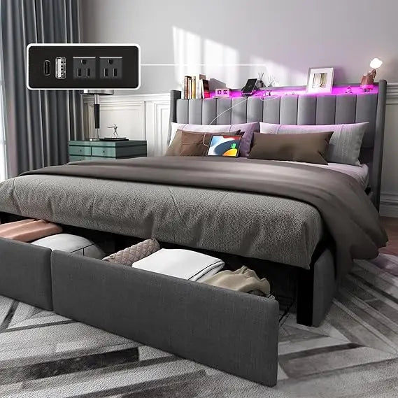 Queen Bed Frame with Headboard and 2 Storage Drawers, Platform Bed Frame Queen Size Upholstered with LED Lights and Charging Sta