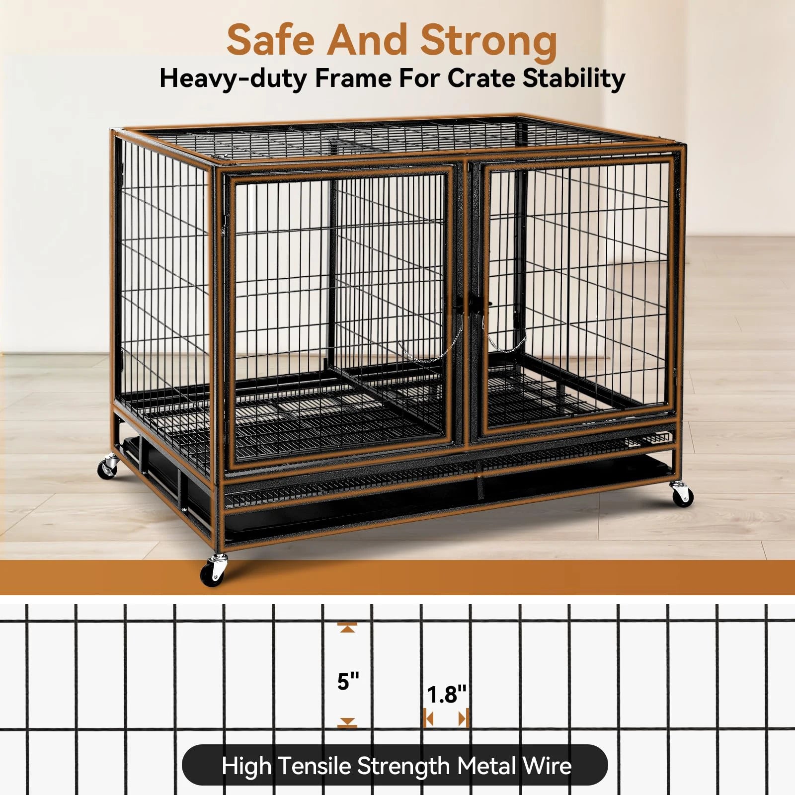 Heavy Duty Dog Crate Large Metal Dog Kennel with Roof Top 2 Door Dog Cage House with Removable Tray and Wheels for Large Dogs
