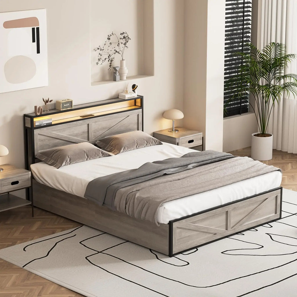 Vabches Queen Size Bed Frame with Headboard&4 Storage Drawers Metal Platform Bed Frame with LED Lights&Power Outlet for Bedroom