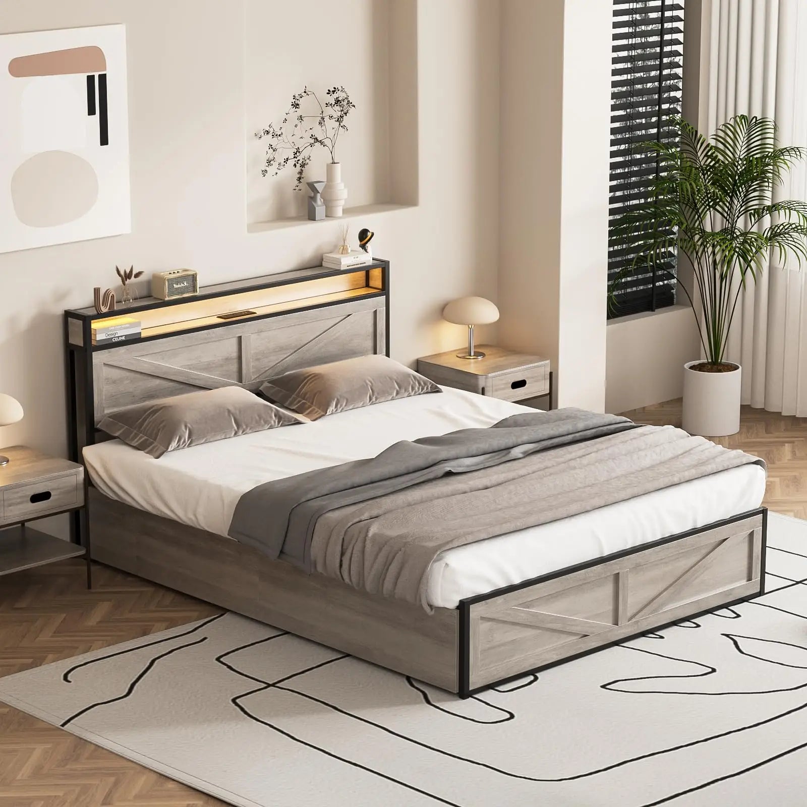 Vabches Queen Size Bed Frame with Headboard&4 Storage Drawers Metal Platform Bed Frame with LED Lights&Power Outlet for Bedroom