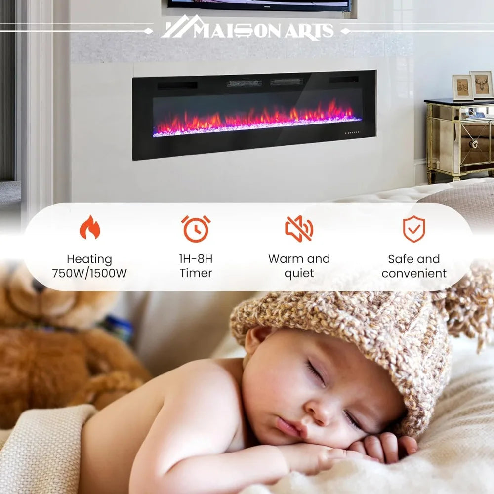 72" Wall Mounted Electric Fireplace Heater for Indoor Use - Faux Fireplace Insert with Remote Control, Space Heater for Bedroom