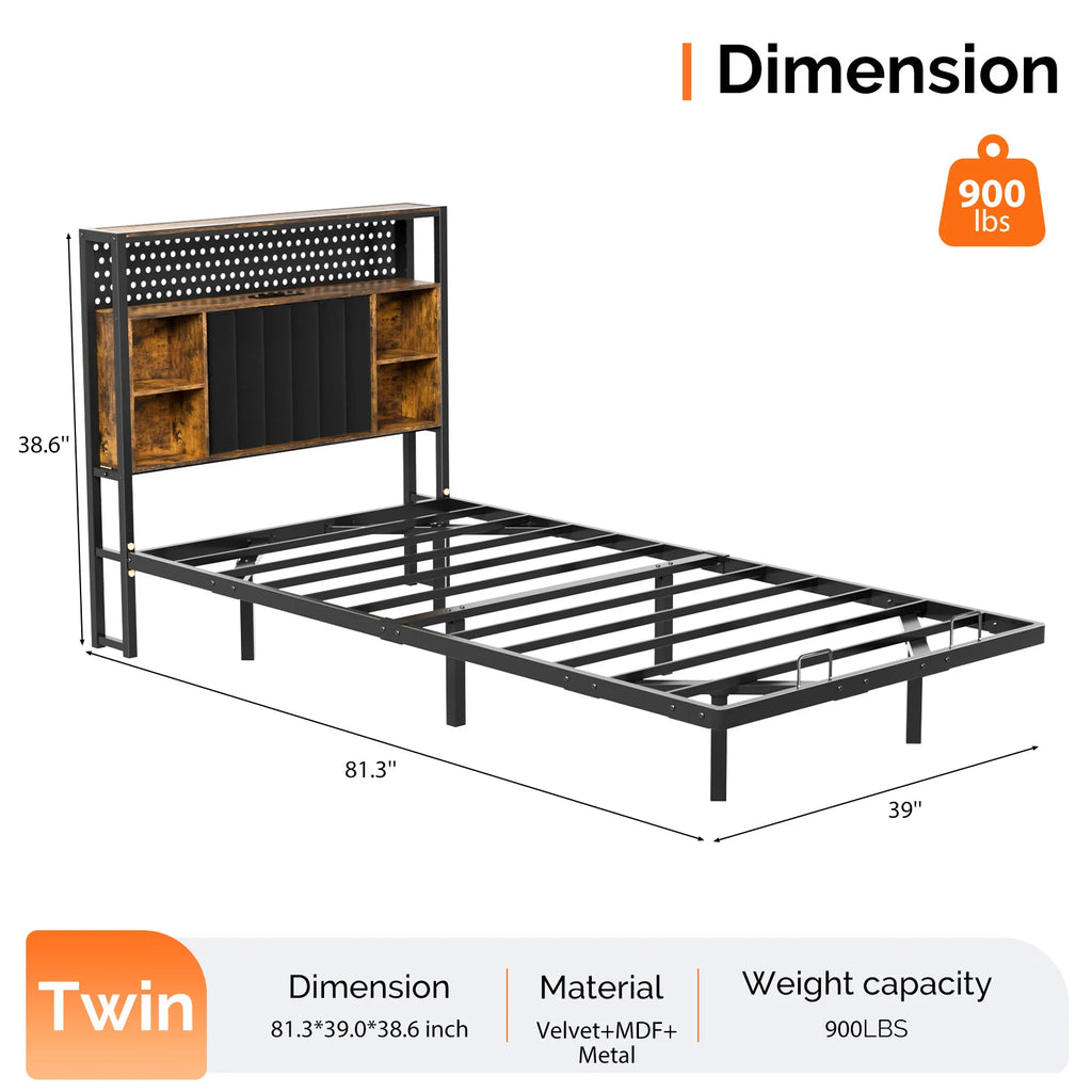 Twin Floating Bed Frame with Upholstered Headboard Charging Station/LED Lights