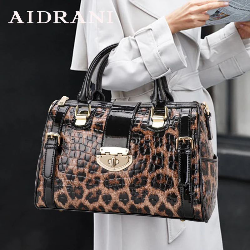 Aidrani  Fashionable original design women's handbag, luxurious leopard print Boston bag made of high-quality cowhide